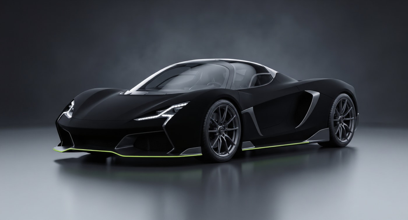 VANTA — a matte-black hypercar concept lit low in a dark studio.